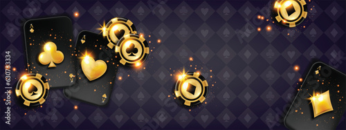 3D poker chips casino vector background, gold play blackjack cards Vegas banner, gambling concept. Royal lucky online wallpaper, shiny glossy glitter, royal game texture. Casino winner club background