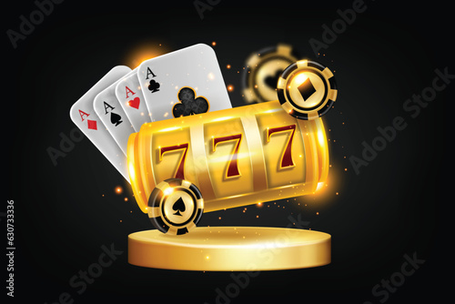 3D casino slot mobile game banner, vector golden flying spin machine jackpot sign, poker card podium. Online gambling design elements, roulette chips, Vegas bingo winner clipart. Casino slot 777 bet