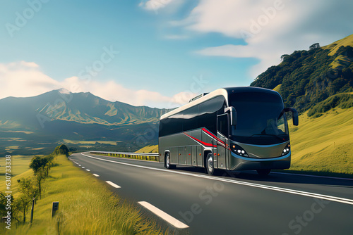 Buses running on suburban highways. AI technology generated image