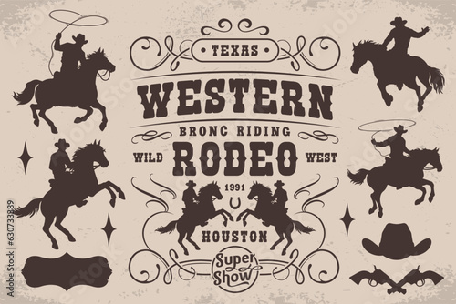 Western rodeo set posters monochrome