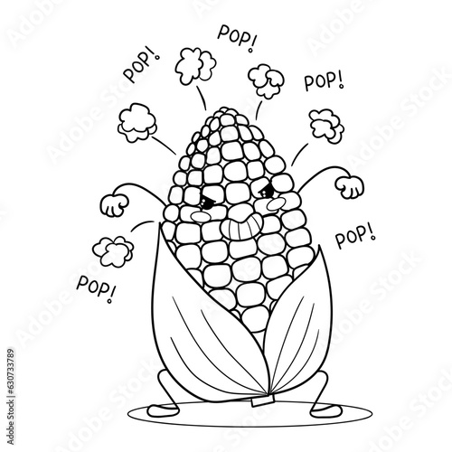 Illustration in black and white of an angry ear of corn and dropping popcorn, coloring page, clipart