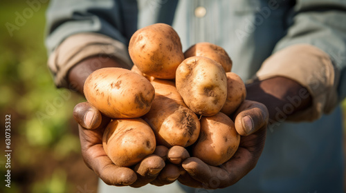 Male farmer holding a potato crop in his hands.