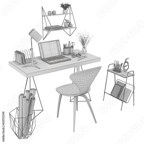 3d rendering of golden workplace _ office set, desk, chair, accessories, decorative elements, laptop, shelf, stand