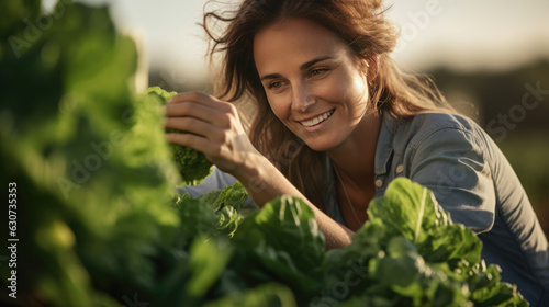 Woman farmer harvesting lettuce from a field.