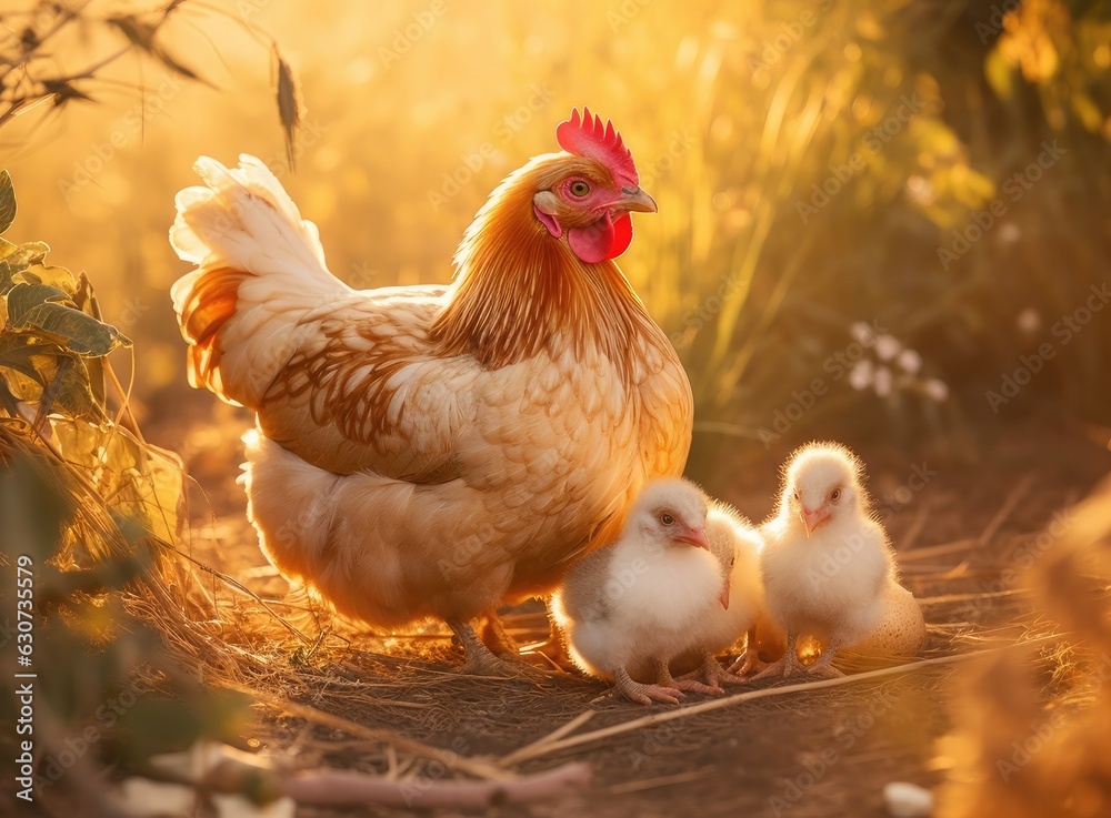 Fototapeta premium Mother hen with chickens in a rural yard. Chickens in a grass in the village against sun photos. Gallus gallus domesticus. Created with Generative AI technology.