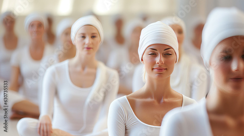 kundalini yoga background. A group of girls in white clothes and a turban are sitting on the practice of meditation. Blurred photo. Place for text.