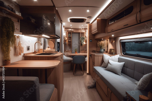 Stylish Interior of motor home camping car, furnishing decor of salon area, comfortable modern caravan house design. Relaxation areas for road travel. Travelling entertainment concept. Generative AI
