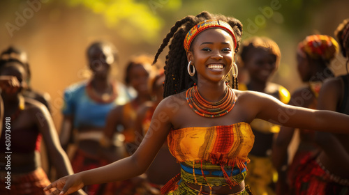 African girl in national dress dancing in the street.