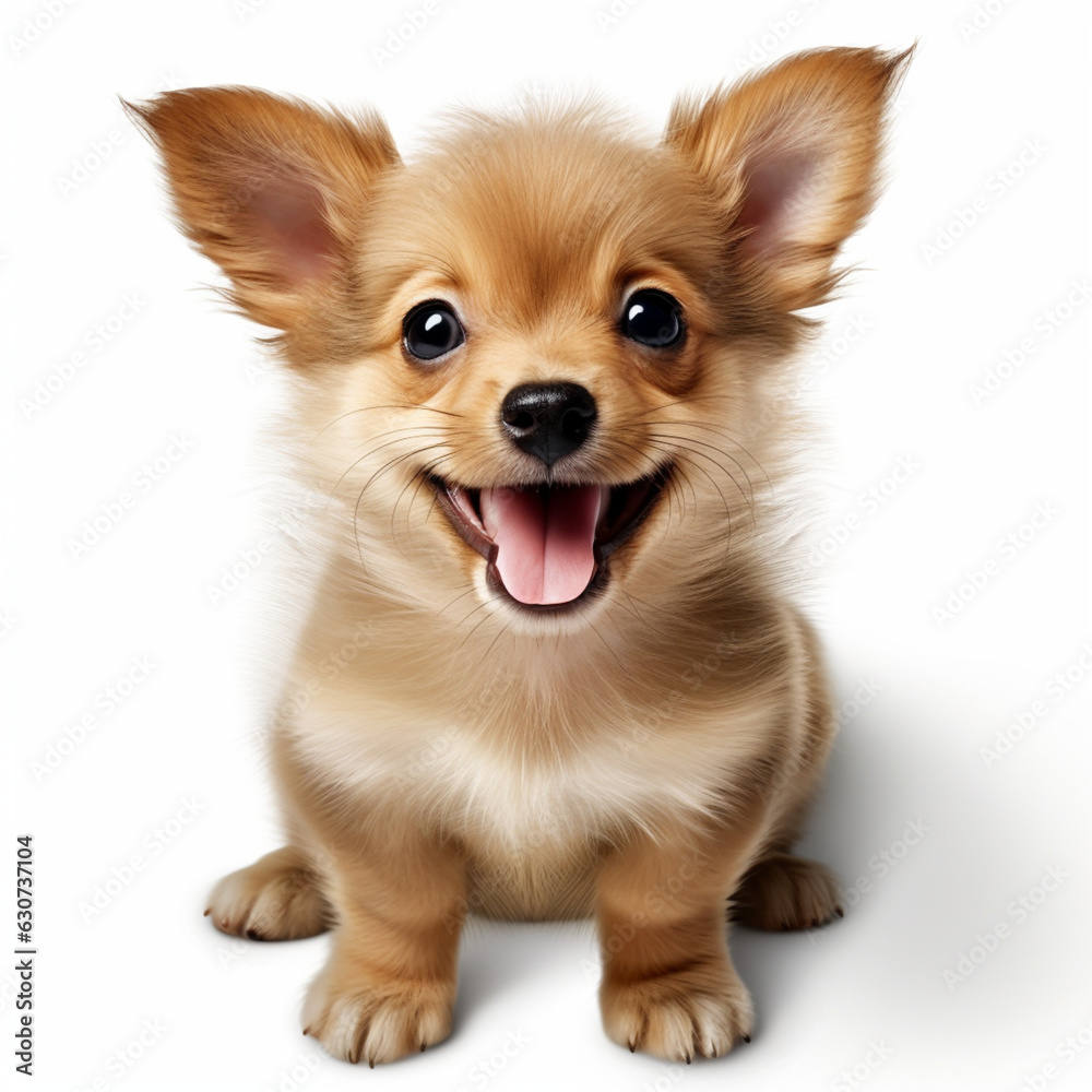 Funny and happy puppy dog isolated on white background, cute pet