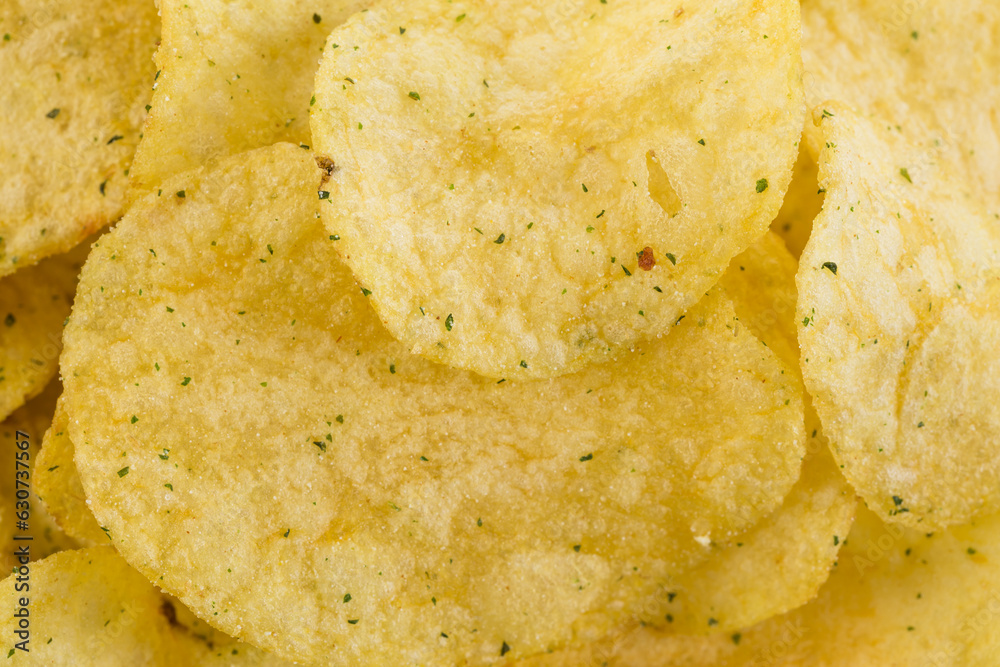 Prepared potato chips snack closeup view Prepared potato chips snack closeup view