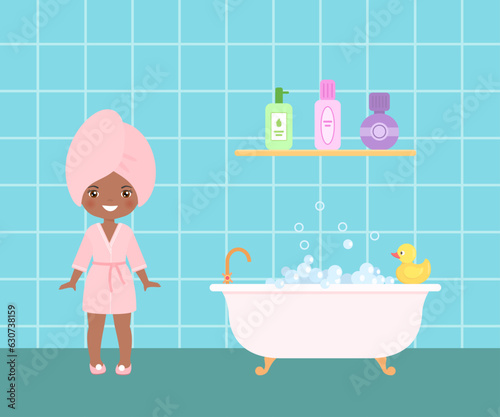 African american girl in bathroom. On blue backround. Doll house interior concept. Cartoon flat style. Vector illustration
