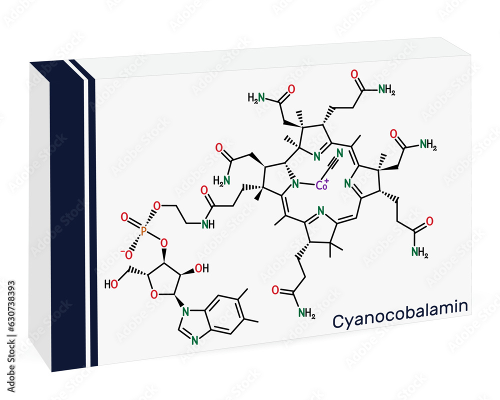 Obraz premium Cyanocobalamin, cobalamin molecule. It is a form of vitamin B12. Skeletal chemical formula. Paper packaging for drugs. Vector illustration