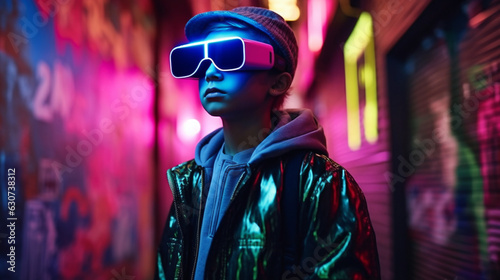 Generative AI, a little boy in virtual reality glasses stands on a night street of a big city illuminated by neon signs, metaverse, gamer, online games