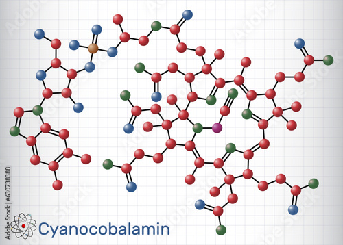 Cyanocobalamin, cobalamin molecule. It is a form of vitamin B12. Molecule model. Sheet of paper in a cage. Vector