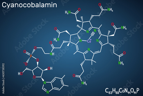 Cyanocobalamin, cobalamin molecule. It is a form of vitamin B12. Structural chemical formula on the dark blue background. Vector