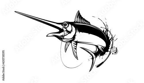 Marlin fishing logo vector  illustration. Swordfish fishing emblem isolated. Ocean fish logo. Saltwater fishing theme.