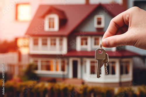 Real estate agent holding house key on blurred background. Buying and selling real estate concept photo