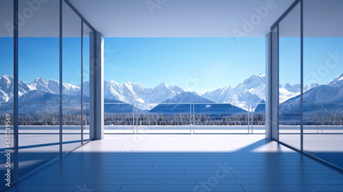 Interior empty balcony room with with views on snow mountains. Copy space. Generative AI © Катерина Нагірна