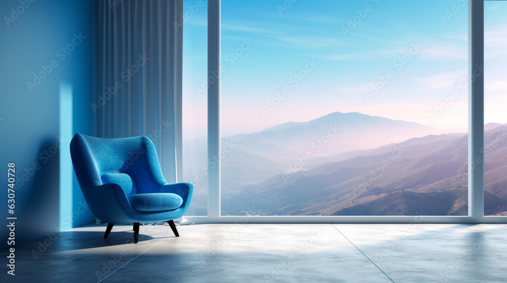 Fototapeta premium Luxury interior modern room with blue armchair. Copy space. Generative AI