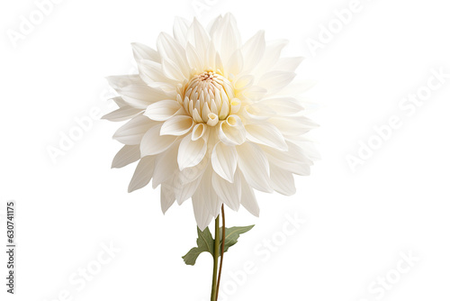 Close-up shot of a white dahlia standing alone against a white backdrop.