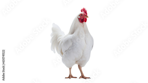 A solitary white chicken stands alone against a white backdrop. photo