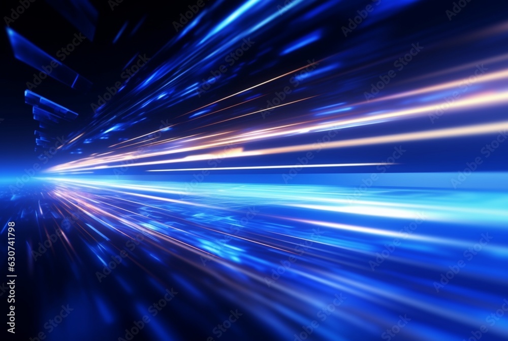 Abstract technology glowing futuristic blue light lines with speed motion blur effect on dark blue background. generative ai