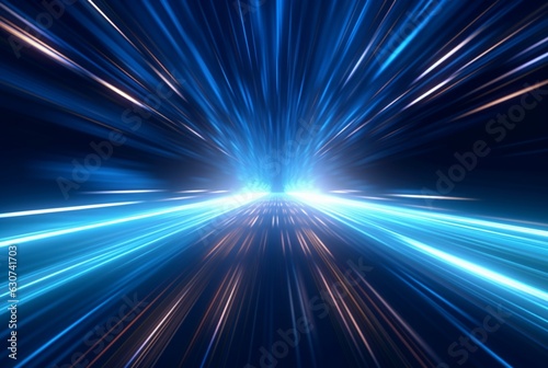 Abstract technology glowing futuristic blue light lines with speed motion blur effect on dark blue background. generative ai