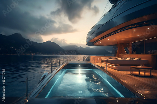 Rich modern expensive yacht with luxury teak deck sailing at in mountains with a pool outside. A view from the deck to the bow. Amazing landscape with clouds. No people. Generative AI Technology