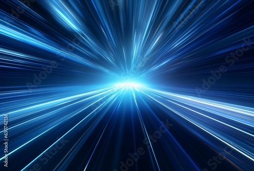 Abstract technology glowing futuristic blue light lines with speed motion blur effect on dark blue background. generative ai