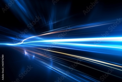 Abstract technology glowing futuristic blue light lines with speed motion blur effect on dark blue background. generative ai © LivroomStudio