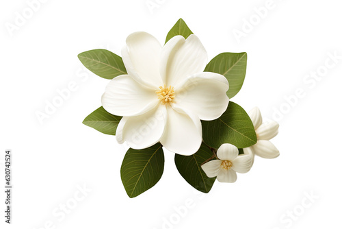 A close-up view of a Jasmine flower separated from its background, presented on a white surface.