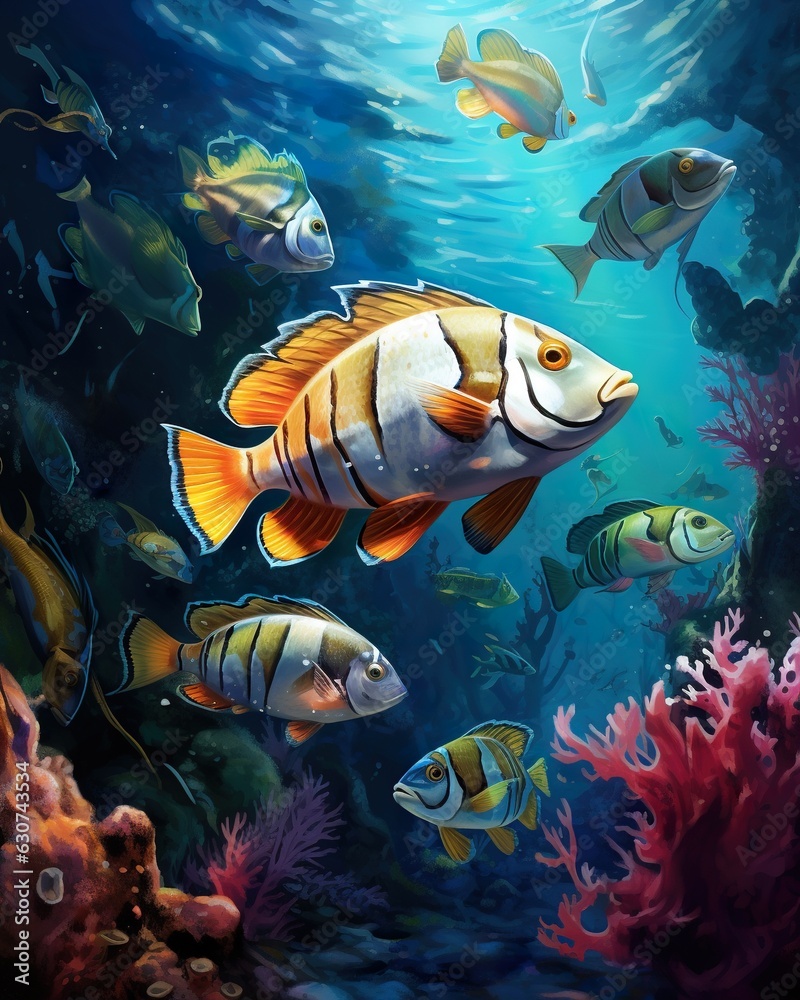 Fototapeta premium Tropical coral reef and fish. ai generative art.