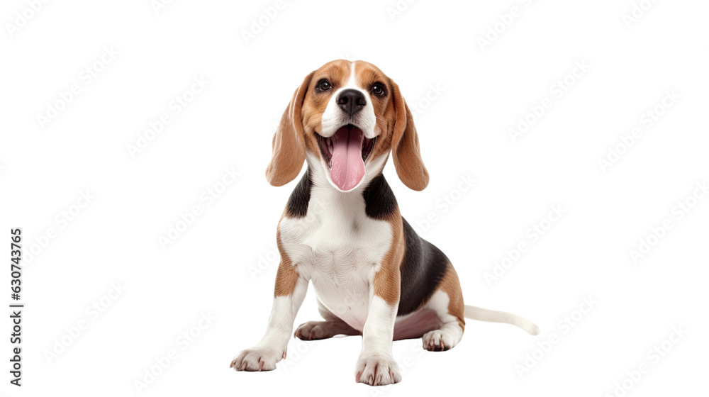 A joyful and amusing Beagle dog is enjoying itself in a solitary setting without any distractions, on a white background.