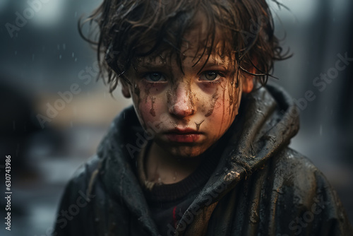 Portrait of a sad dirty child in damp clothes looking at camera, small poor boy outdoors. Social problems