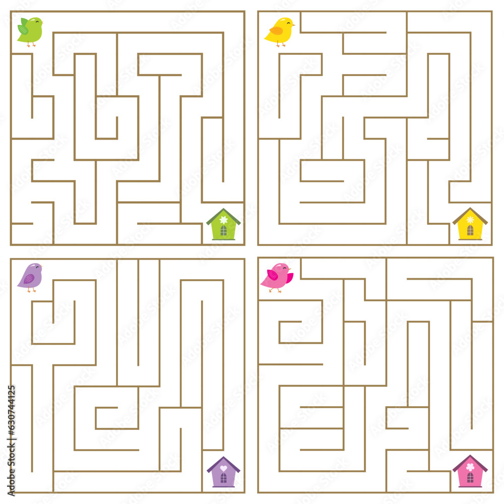 Simple maze abstract game. Help bird find birdhouse. Logical worksheets for kids. Simple maze abstract game. Help bird find birdhouse. Logical worksheets for kids.