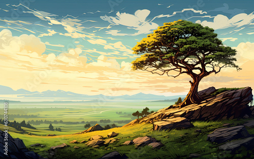 Tree on a hill with sunset sky in background. Nature landscape. Generative Ai illustration