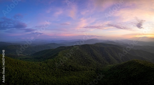 Aerial view of clouds over the Appalachian mountains at sunset.