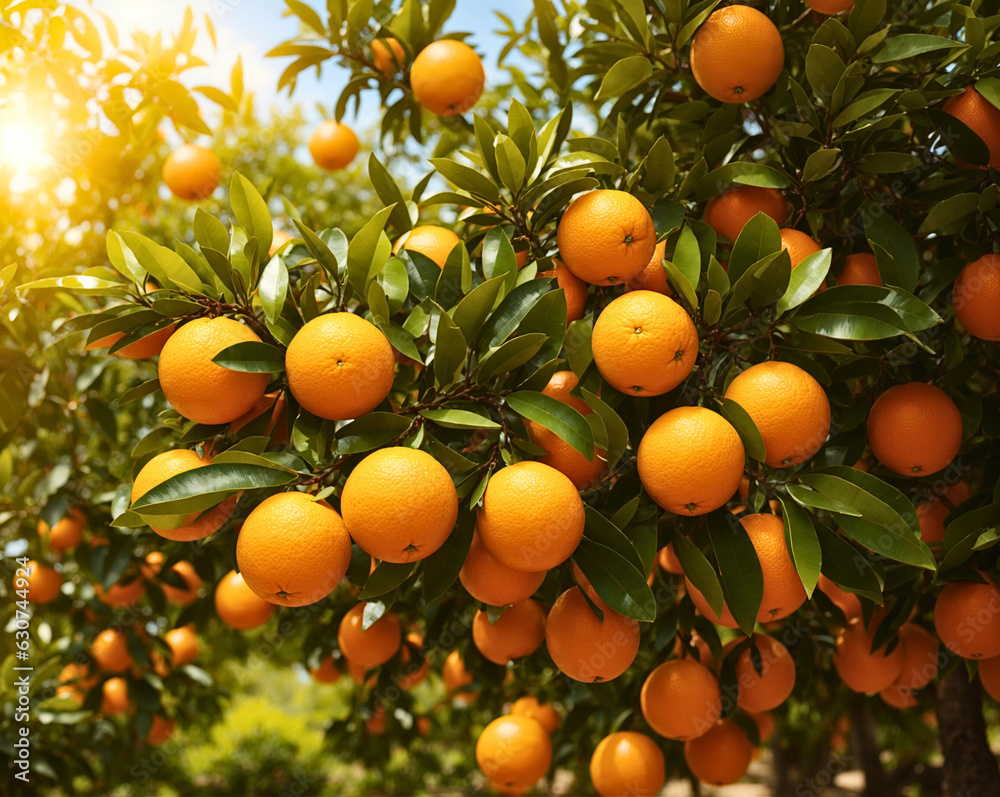 Orange tree in garden, ripe orange fruits, nature, pruning, AI Generative