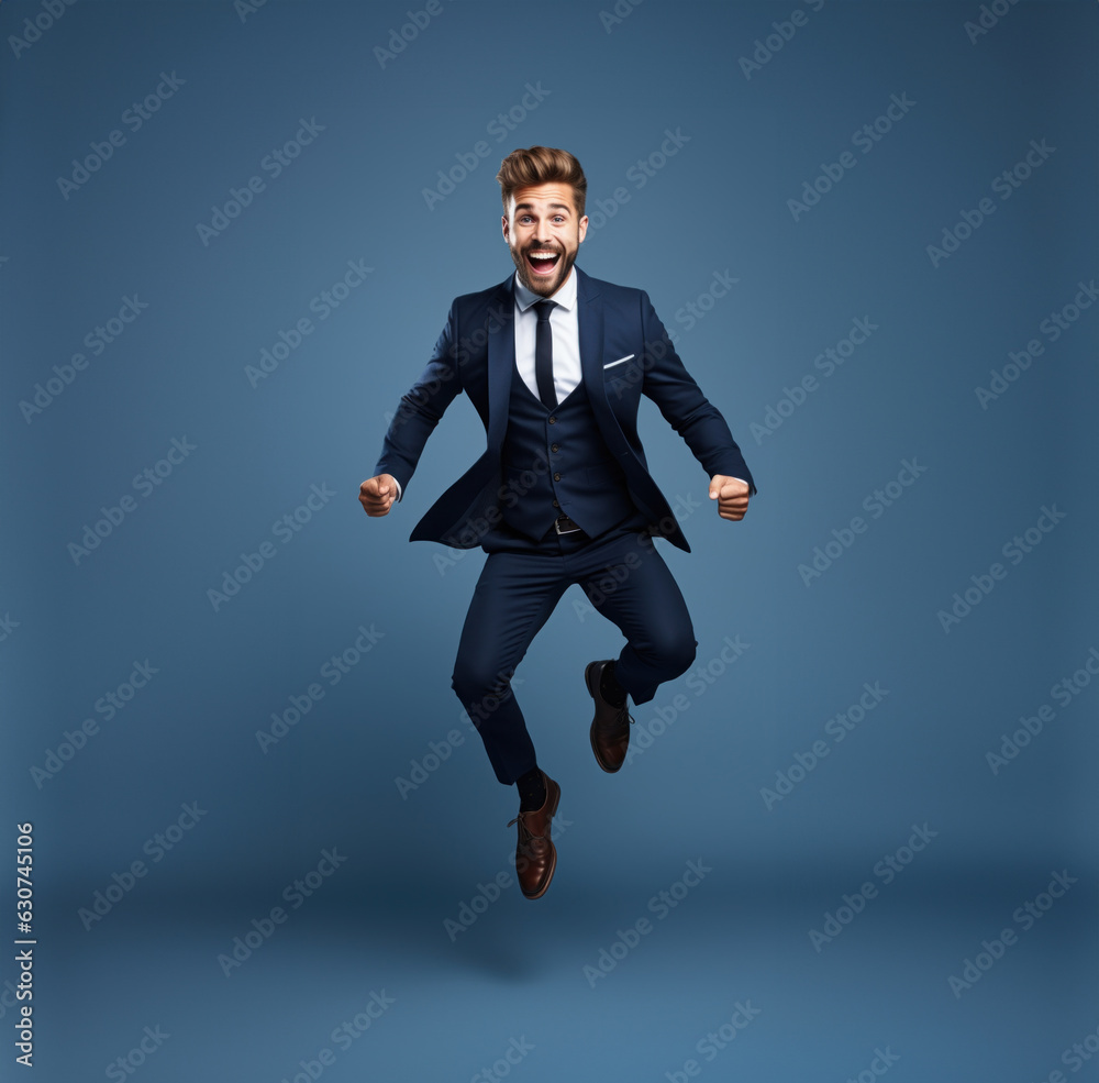 A happy businessman isolated in front of blue background. A happy businessman isolated in front of blue background.