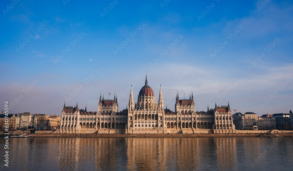 House of Parliament surrounded by a canal in Budapest, Hungary