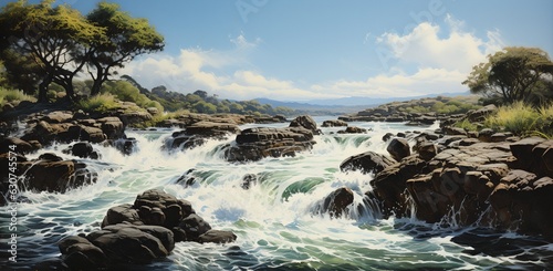 Painting of a waterfall flowing down a rock, generative ai © progressman