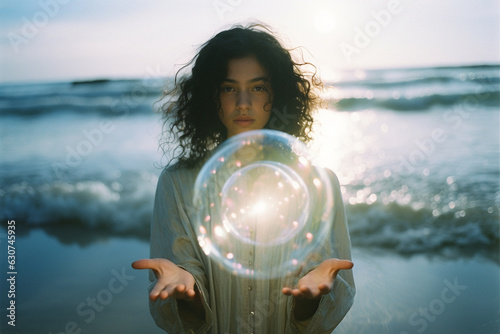 A young woman standing on the beach and holding her hands palms up over which a crystal ball hovering. The ball reflecting sunlight and creating a magical effect. Dreamy and mysterious vibes. photo