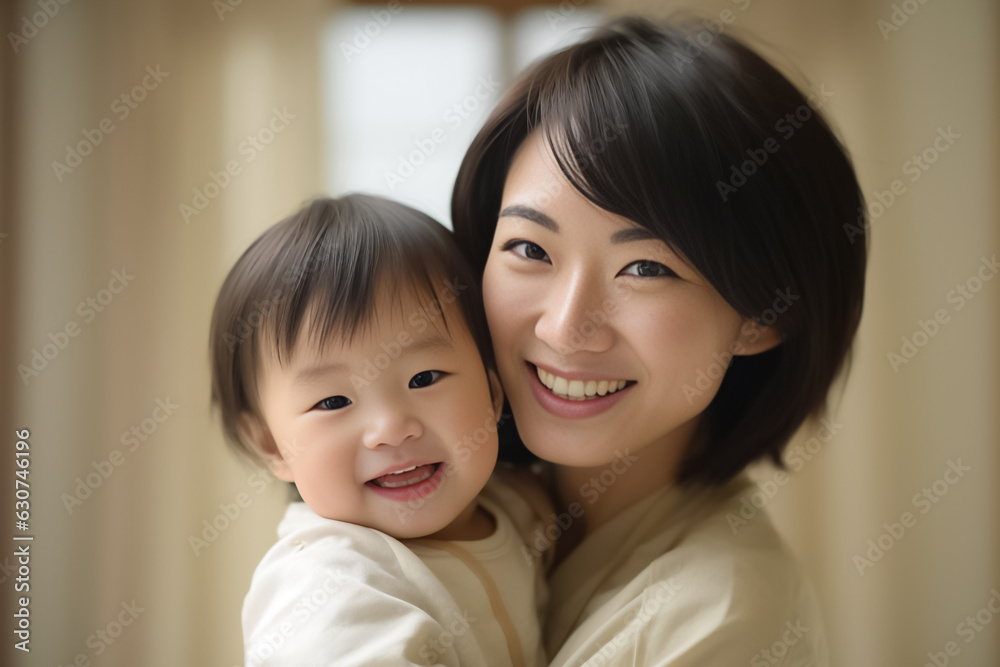 Happy Asian mom hold in hands hug cute little baby show love care. Smiling mother embrace cuddle infant child. Motherhood, childcare concept. Generative AI. Happy Asian mom hold in hands hug cute little baby show love care. Smiling mother embrace cuddle infant child. Motherhood, childcare concept. Generative AI.