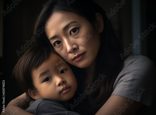 Happy Asian mom hold in hands hug cute little baby show love care. Smiling mother embrace cuddle infant child. Motherhood, childcare concept. Generative AI. © Surachetsh