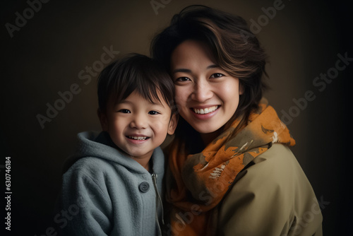 Happy Asian mom hold in hands hug cute little baby show love care. Smiling mother embrace cuddle infant child. Motherhood, childcare concept. Generative AI.
