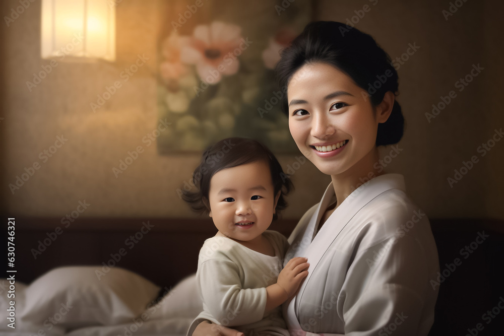 Happy Asian mom hold in hands hug cute little baby show love care. Smiling mother embrace cuddle infant child. Motherhood, childcare concept. Generative AI. Happy Asian mom hold in hands hug cute little baby show love care. Smiling mother embrace cuddle infant child. Motherhood, childcare concept. Generative AI.