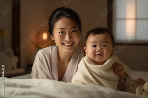 Happy Asian mom hold in hands hug cute little baby show love care. Smiling mother embrace cuddle infant child. Motherhood, childcare concept. Generative AI.
