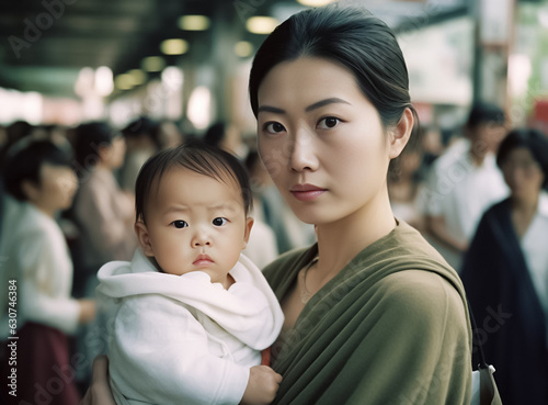 Happy Asian mom hold in hands hug cute little baby show love care. Smiling mother embrace cuddle infant child. Motherhood, childcare concept. Generative AI.