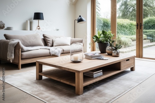 modern living room, oak coffee table, rug, Scandinavian interior design, plants. Modern home decor.