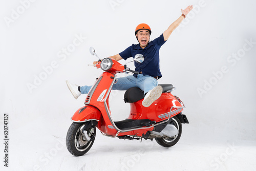 full body photo of a man wearing a hairdresser and driving a motorbike